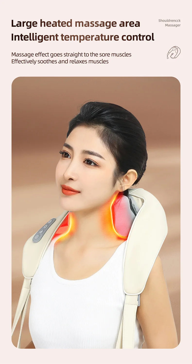 20W Wireless Neck & Shoulder Massager – Beige Kneading Massage Shawl for Back, Cervical & Trapezius
