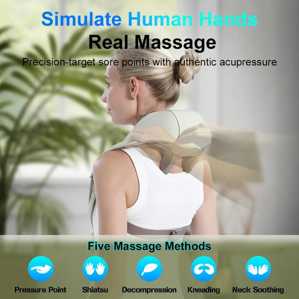 20W Wireless Neck & Shoulder Massager – Beige Kneading Massage Shawl for Back, Cervical & Trapezius