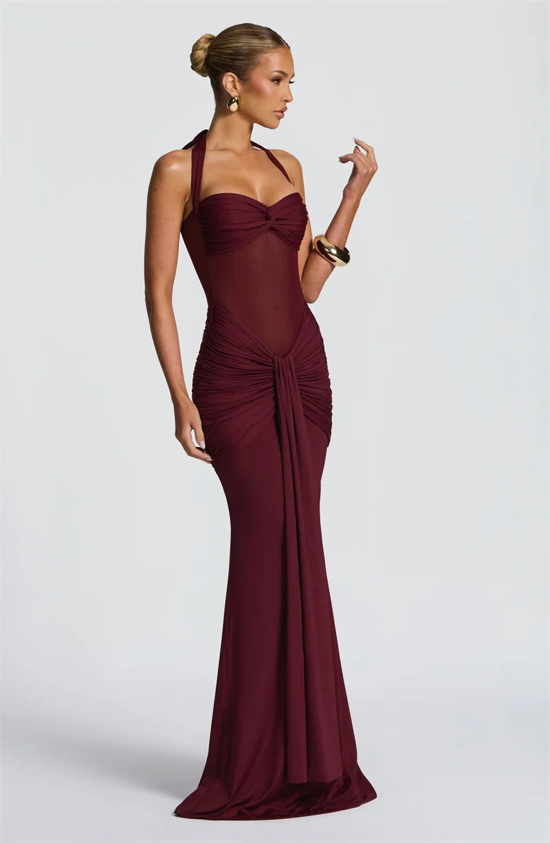Women's Halter Backless Maxi Dress – Off-Shoulder, Sleeveless, Ruched Bodycon Club & Party Dress with Patchwork Draped Design