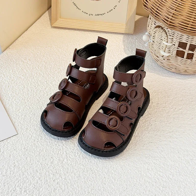 Kids High-Top Beach Shoes – Hollowed-Out Princess Sandals with Hook & Loop Strap | Trendy Summer Solid Color Children’s Sandals
