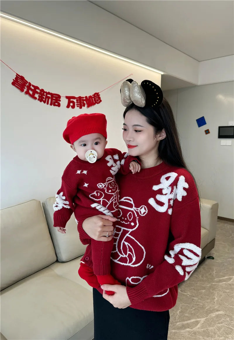 New Year Matching Family Red Chinese Sweater Father Mother and Daughter Son Snake Knit Jumper Infant Baby Knit Romper