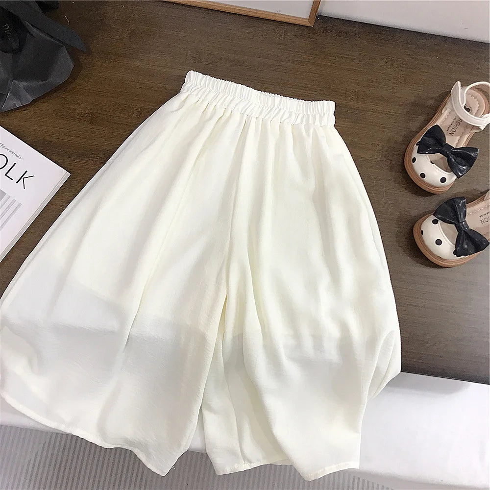 New Fashion Children Girls Two Pieces Set Backless T-Shirt Summer White Wide Leg Pants 2025 Solid Simple Blue Pleated