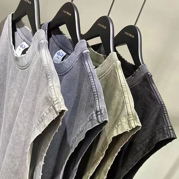 WASH vintage batik grinding edge Manly Vest Europe and the United States trend loose base T- shirts