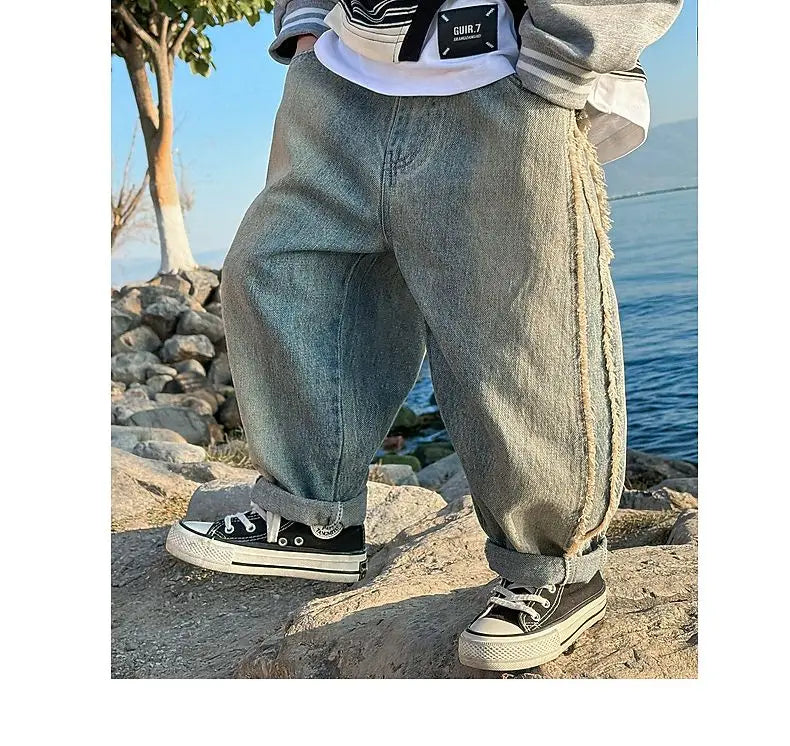 Spring Kids & Teens Streetwear Pants – Boys' Korean-Style Casual Straight-Leg Jeans with Elastic Waist