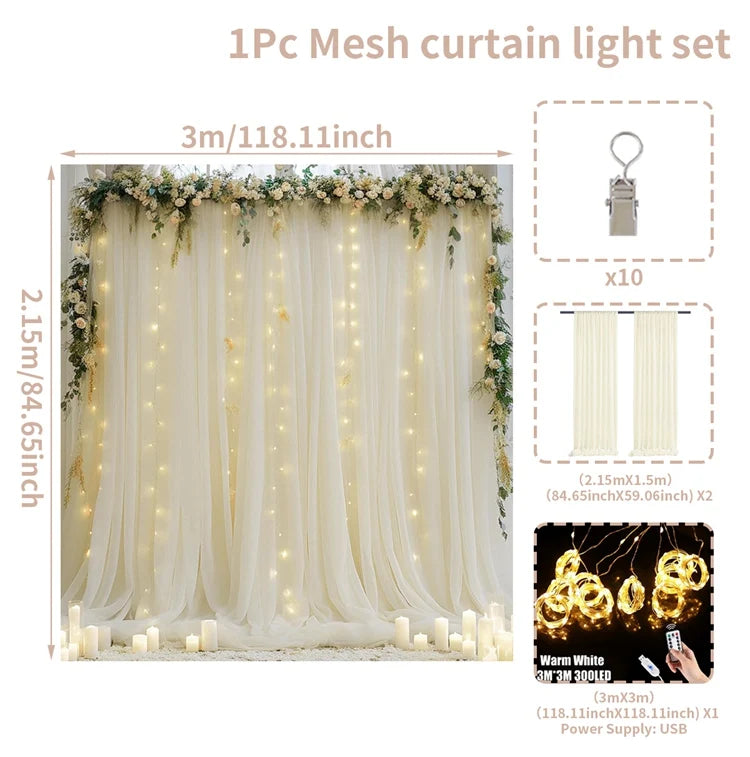 1 Set/2 Pieces Tulle Backdrop Curtains with Lights for Party Wedding Arch Baby Shower Birthday Party Photo Shoot Decorations