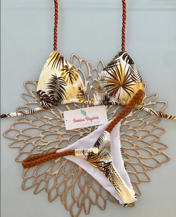 Women's Leopard Print Bikini Set – Two-Piece Swimsuit with Striped Thong Bottom – Summer Beachwear