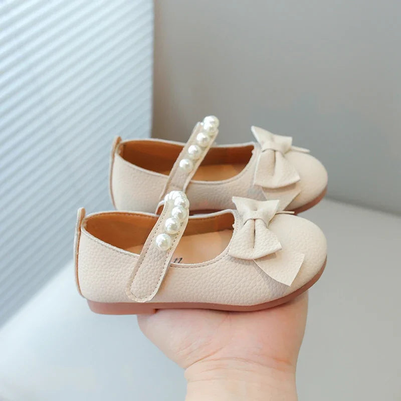 Baby Toddler Girls Party Shoes Leather Pearls Beaded with Butterfly-knot Kids Mary Janes PU Leather Soft Cute Flats