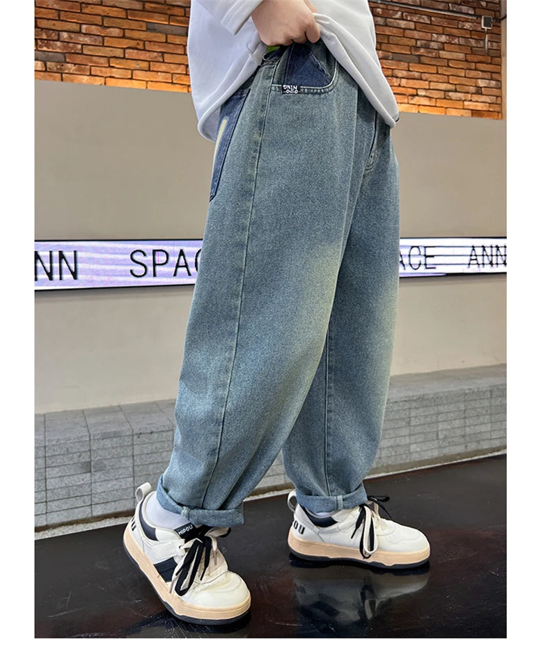 Boys' Straight-Leg Jeans –Street Style, Wide-Leg Fit with Back Pocket Letter Design, Sizes for Medium and Big Kids