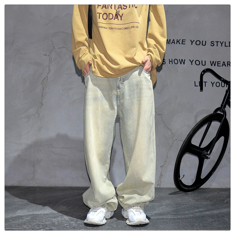 Men's Streetwear Baggy Cargo Jeans – Yellow Mud-Dye Distressed Denim Hip Hop Pants