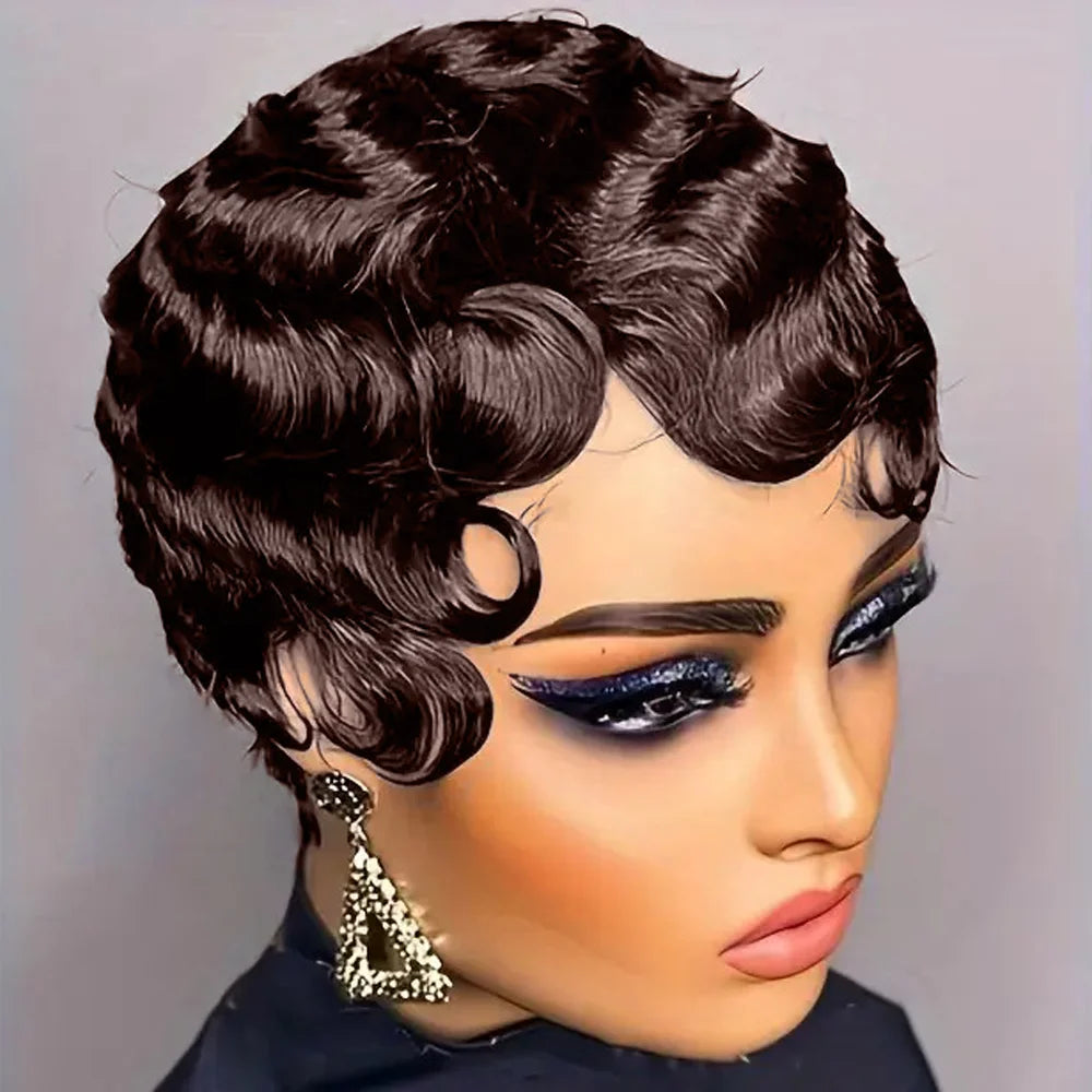 Short Finger Wave Human Hair Wig for Women – Brown Pixie Cut Ocean Wave Wig, Natural Color