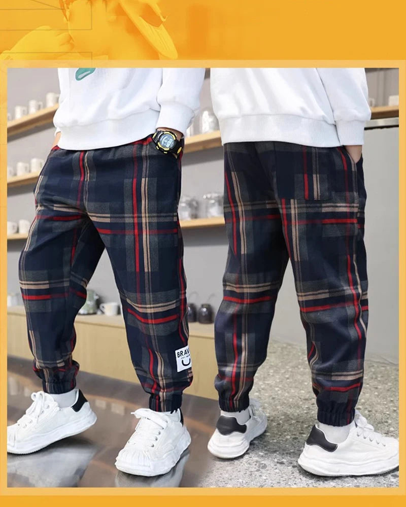 Boys' Cotton Plaid Pants – Casual Loose Fit Trousers for Kids & Teens (Spring/Autumn)