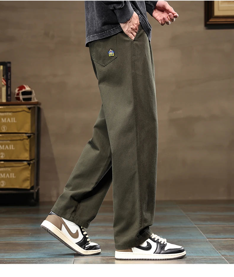 HIQOR Men's Casual Jogger Pants – Loose Straight-Leg Cotton Vintage Cargo Trousers, Solid Color Streetwear