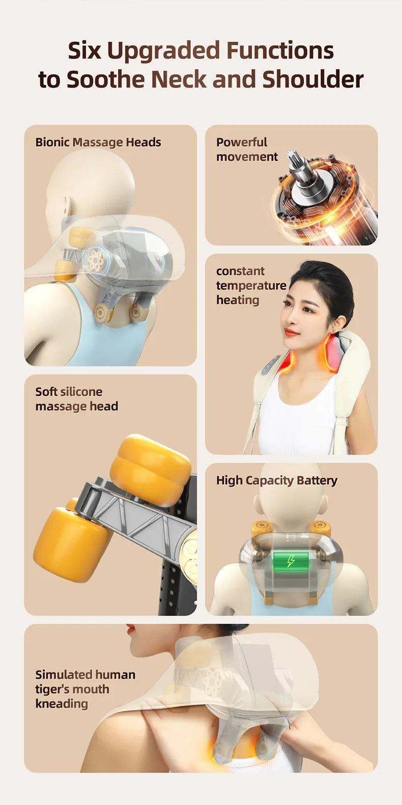 20W Wireless Neck & Shoulder Massager – Beige Kneading Massage Shawl for Back, Cervical & Trapezius
