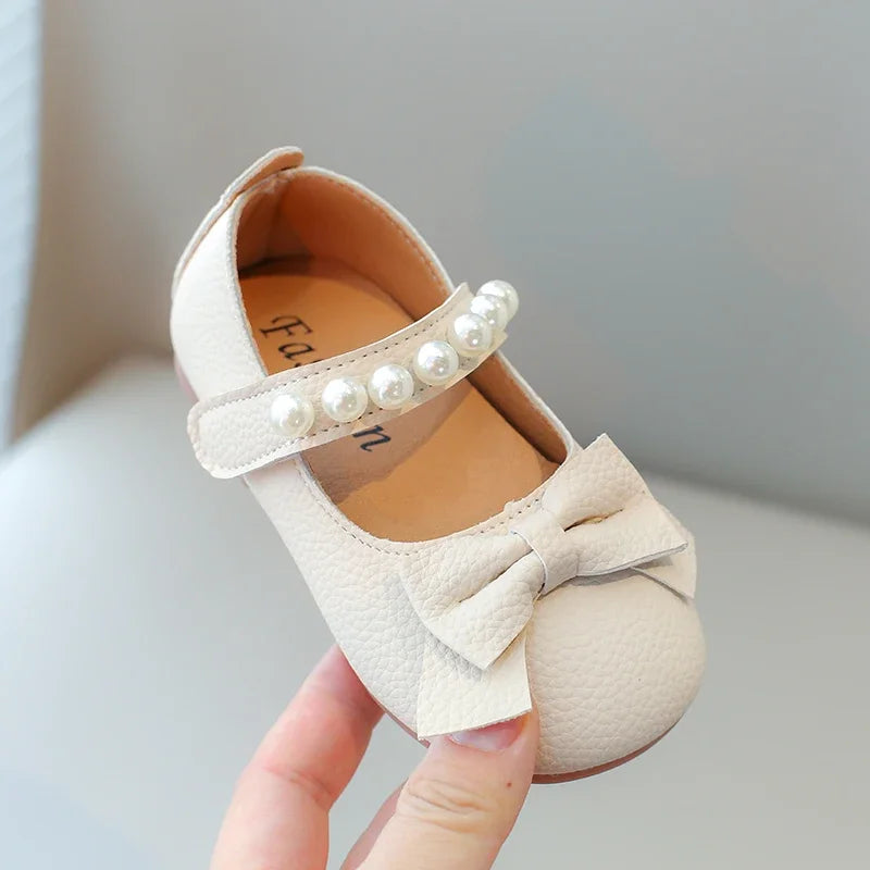 Baby Toddler Girls Party Shoes Leather Pearls Beaded with Butterfly-knot Kids Mary Janes PU Leather Soft Cute Flats