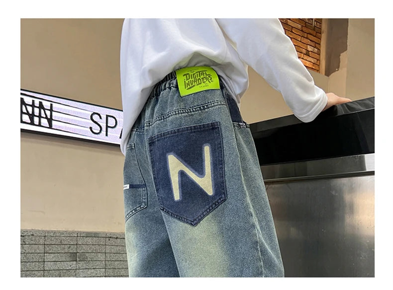 Boys' Straight-Leg Jeans –Street Style, Wide-Leg Fit with Back Pocket Letter Design, Sizes for Medium and Big Kids