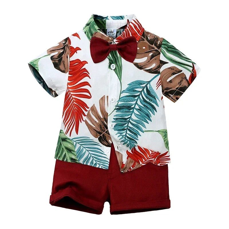 Baby Boys Summer Hawaiian Outfit – Infant & Toddler Gentleman Set with Floral Shirt, Bowtie & Shorts