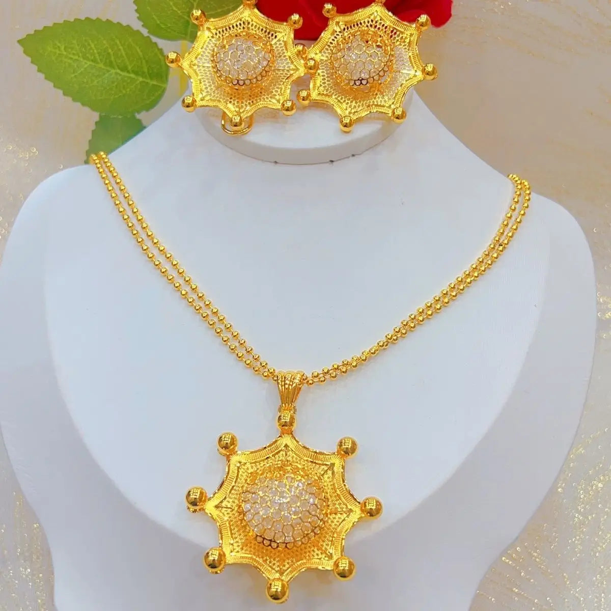 New Dubai 24K Gold-Plated Necklace and Earrings Set for Women's Wedding or Party Jewelry