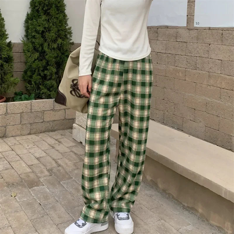 Fashion Warm Plush Pants Cashmere Thick Plaid Ladies Winter Casual Loose Wide-legged Pants Streetwear