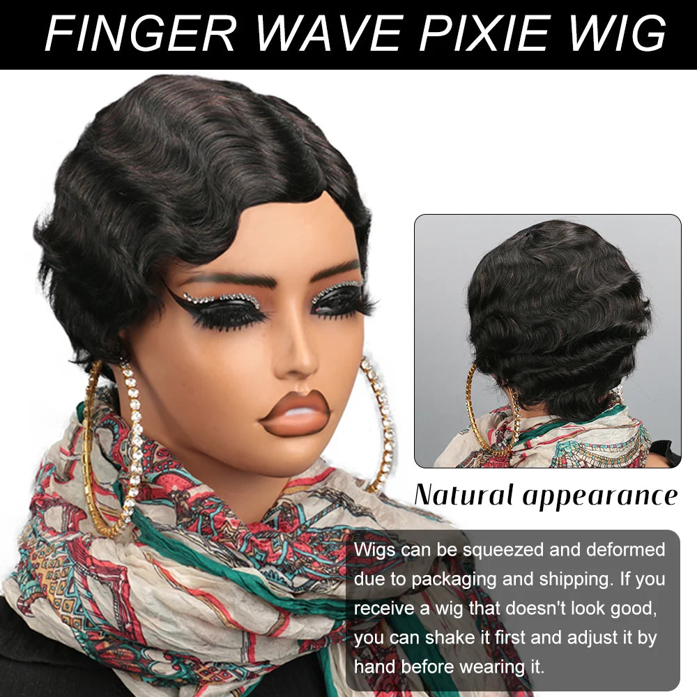 Short Finger Wave Human Hair Wig for Women – Brown Pixie Cut Ocean Wave Wig, Natural Color
