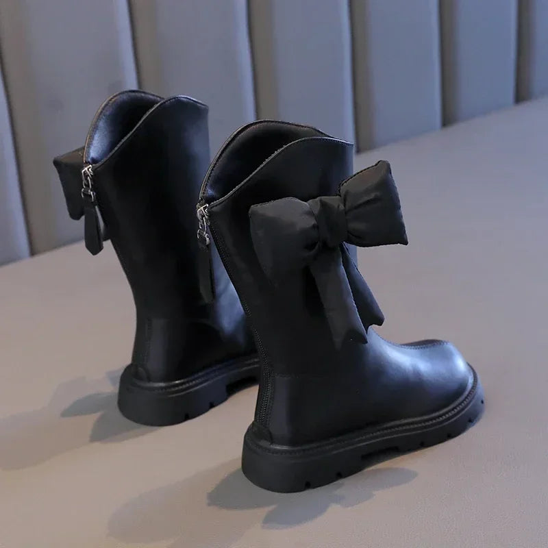 27-37 Girl's Long Boots Black Pu Leather Bowtie Chunky Fashion Children Winter Boot Warm Bowknot Round Toe Knee-high Kids Shoes