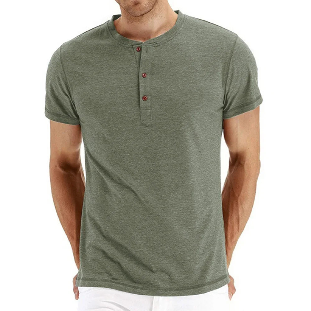 High Quality Cotton Henley T-Shirt for Men – Slim Fit, Short Sleeve, Solid Color, Fashion Casual Tee