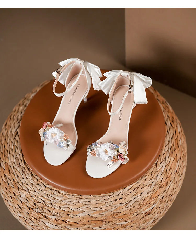 Women’s Open Toe High Heel Sandals – Satin Flower Bow, Buckle Strap, Elegant Dress & Wedding Shoes