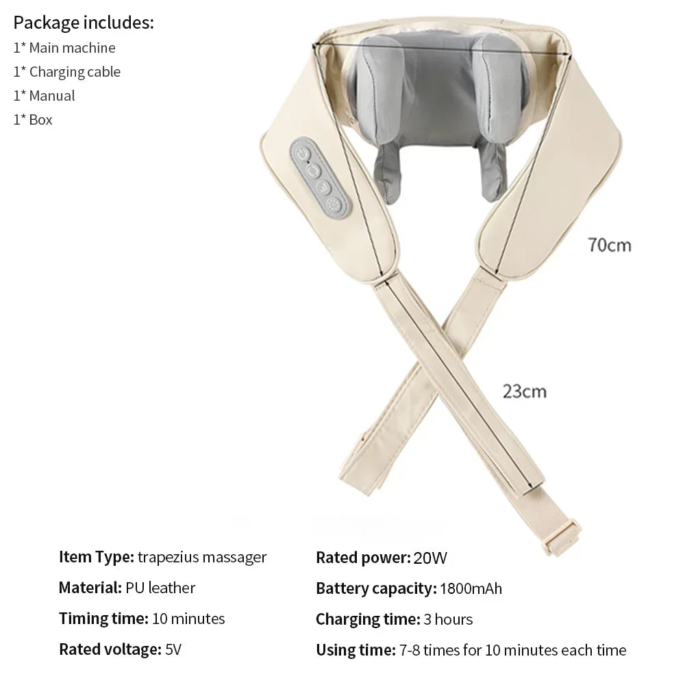 20W Wireless Neck & Shoulder Massager – Beige Kneading Massage Shawl for Back, Cervical & Trapezius