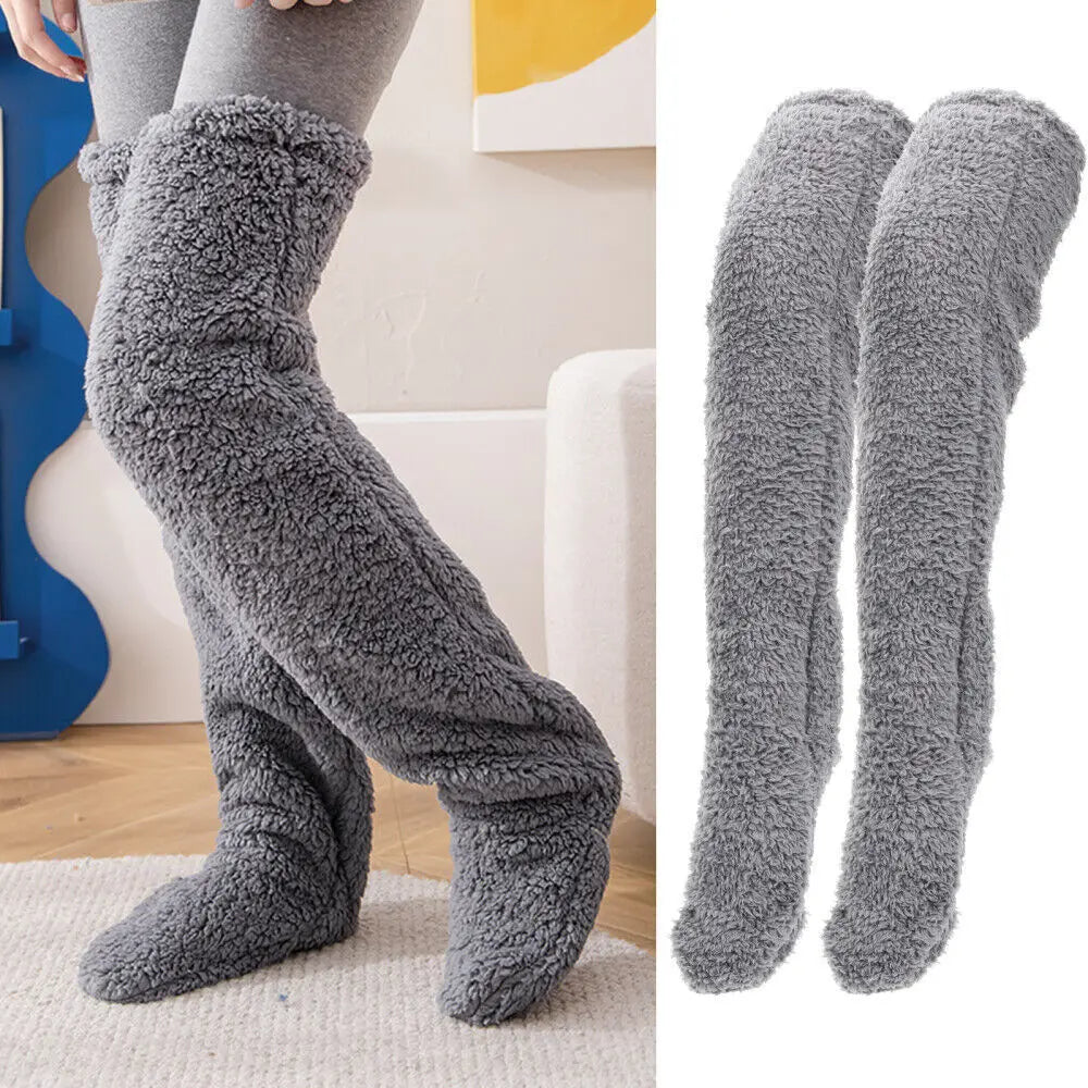 Over Knee Long Winter Socks Thigh High Double-sided Fleece Stockings Socks Solid Color Plush Leg Home Office Warmers