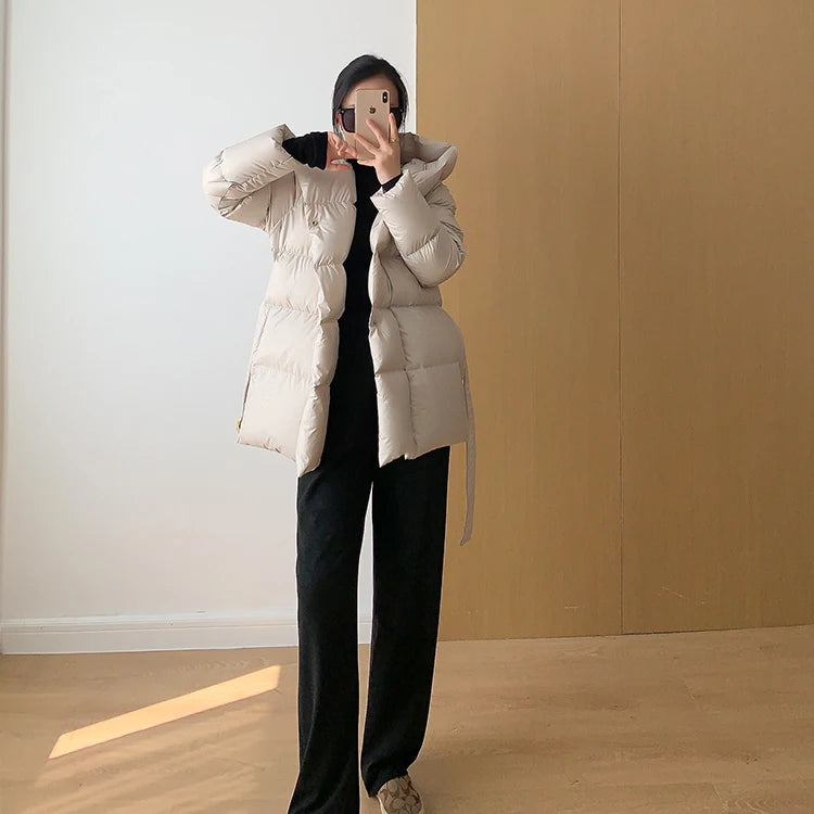 Women's Winter Jackets Ultra Light Warm Puffer Jacket With Belt Plus Size Hooded Female Jacket