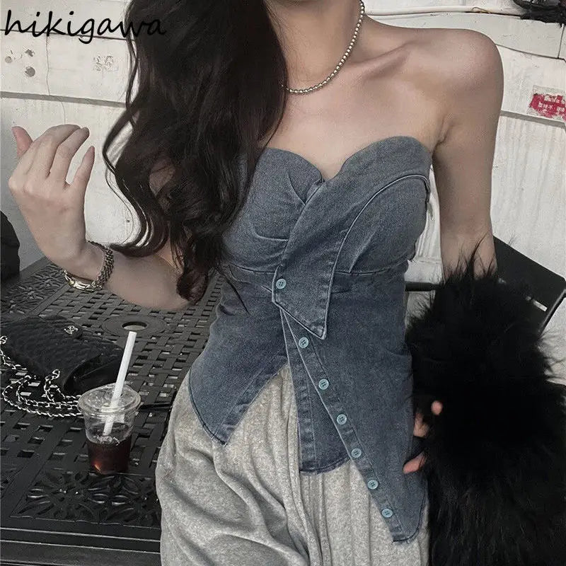 Harajuku Y2K Irregular Denim Tank Top for Women – Backless Streetwear Camisole, Korean Summer Fashion 2025