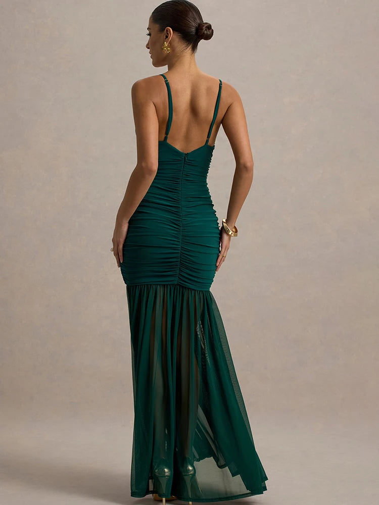 Women's Patchwork V-Neck Maxi Dress – Backless High-Waist Ruched Evening Gown