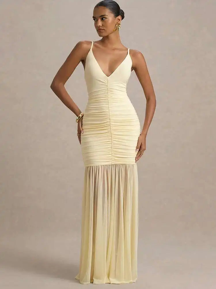 Women's Patchwork V-Neck Maxi Dress – Backless High-Waist Ruched Evening Gown