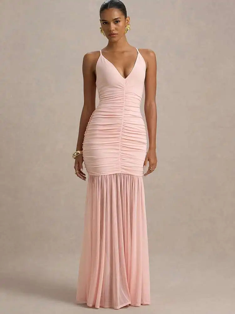 Women's Patchwork V-Neck Maxi Dress – Backless High-Waist Ruched Evening Gown