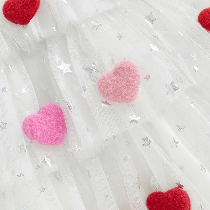 1-9 Years Girls Fashion Valentine Day Dress Kids Star Print Square Neck Sleeveless Children’s Layered Tulle with 3D Heart Clothes