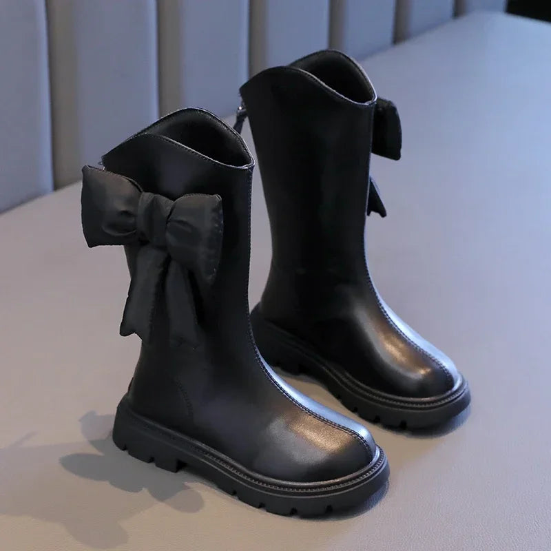 27-37 Girl's Long Boots Black Pu Leather Bowtie Chunky Fashion Children Winter Boot Warm Bowknot Round Toe Knee-high Kids Shoes