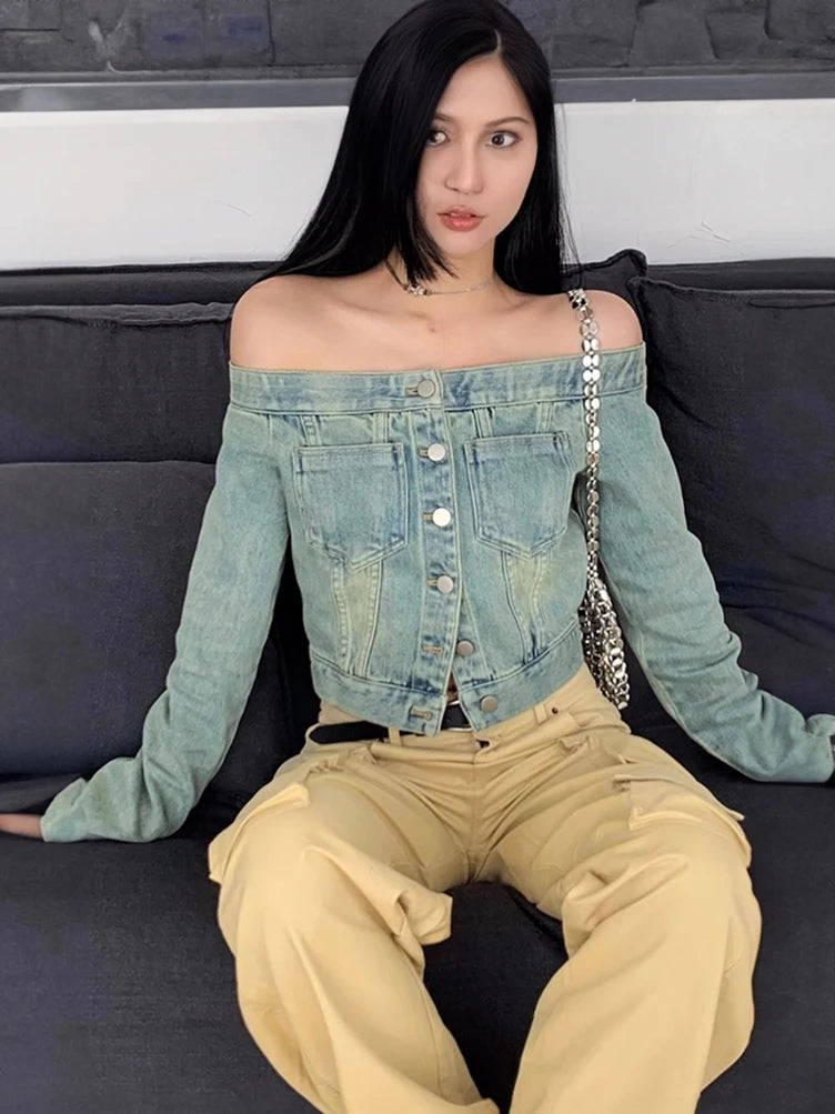 Korean Fashion Off-Shoulder Cropped Denim Jacket – Vintage Button-Up Long Sleeve Jean Shirt for Women