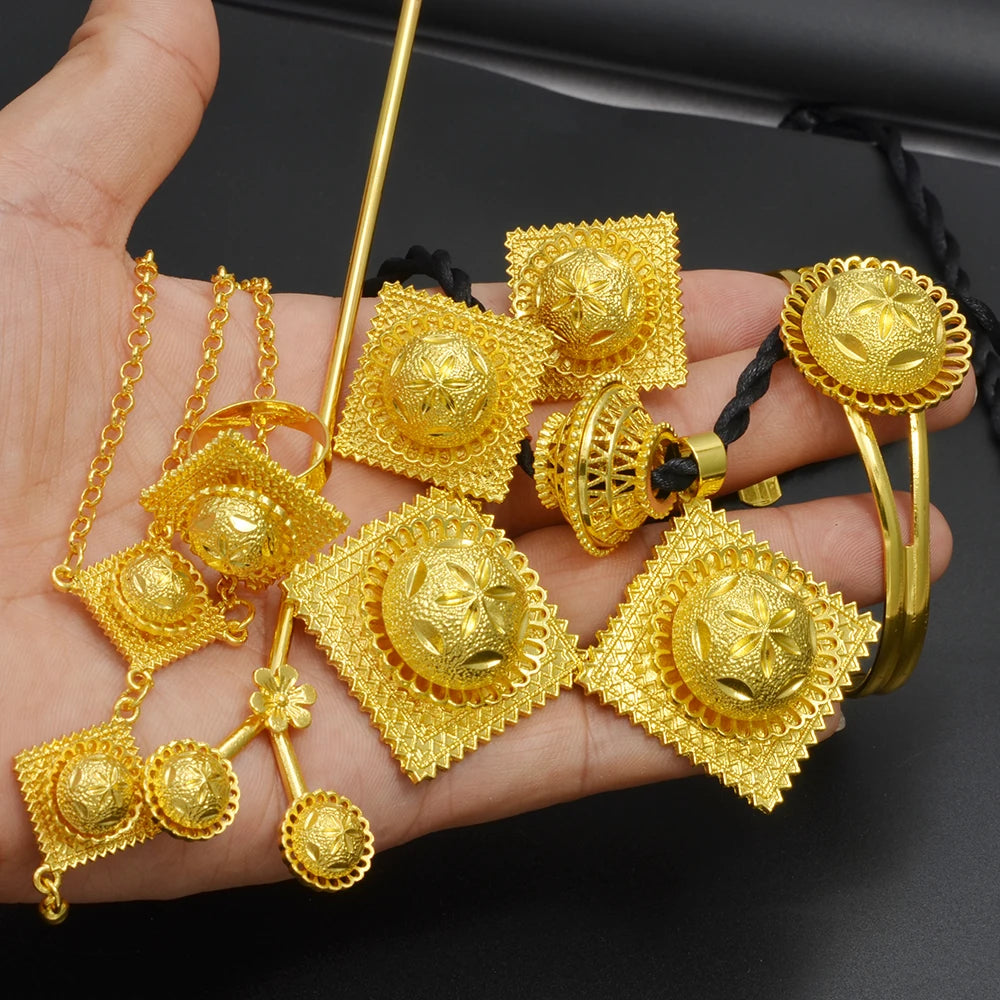 "African Wedding Jewelry Set – Ethiopian Eritrean Necklace, Earrings, Bracelet, Ring, and Hairpin for Women, Bridal or Engagement"