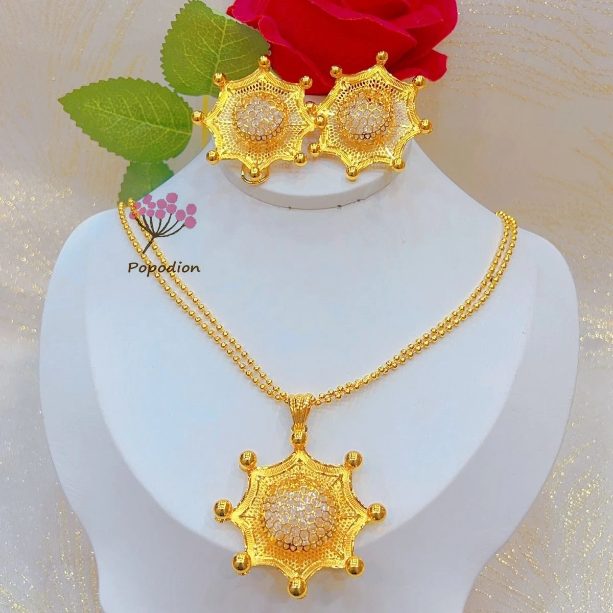 New Dubai 24K Gold-Plated Necklace and Earrings Set for Women's Wedding or Party Jewelry
