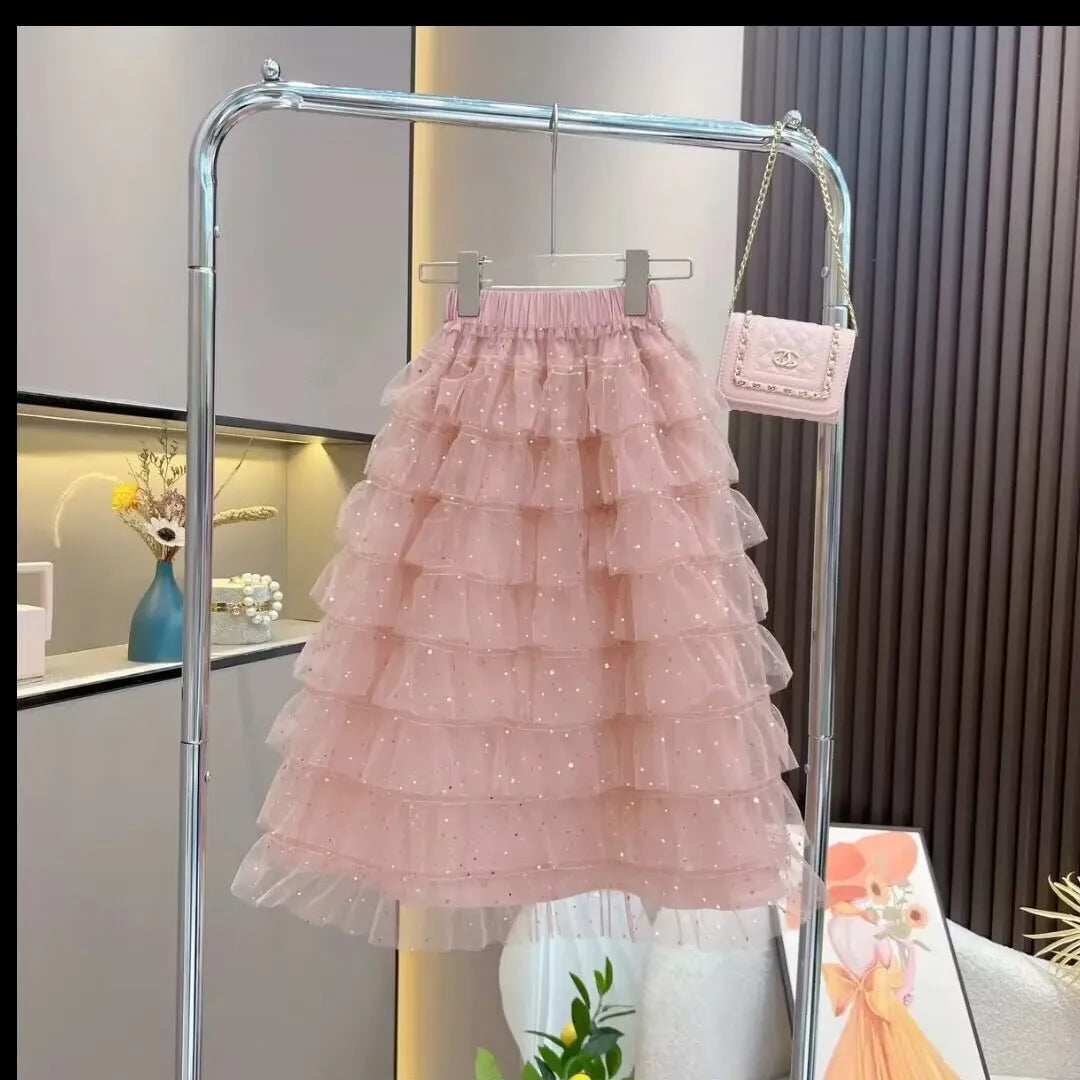 New Teenage Fashion Summer Sets, Baby Girls Ruffles Top+ Mesh Cake Skrits 4-12T