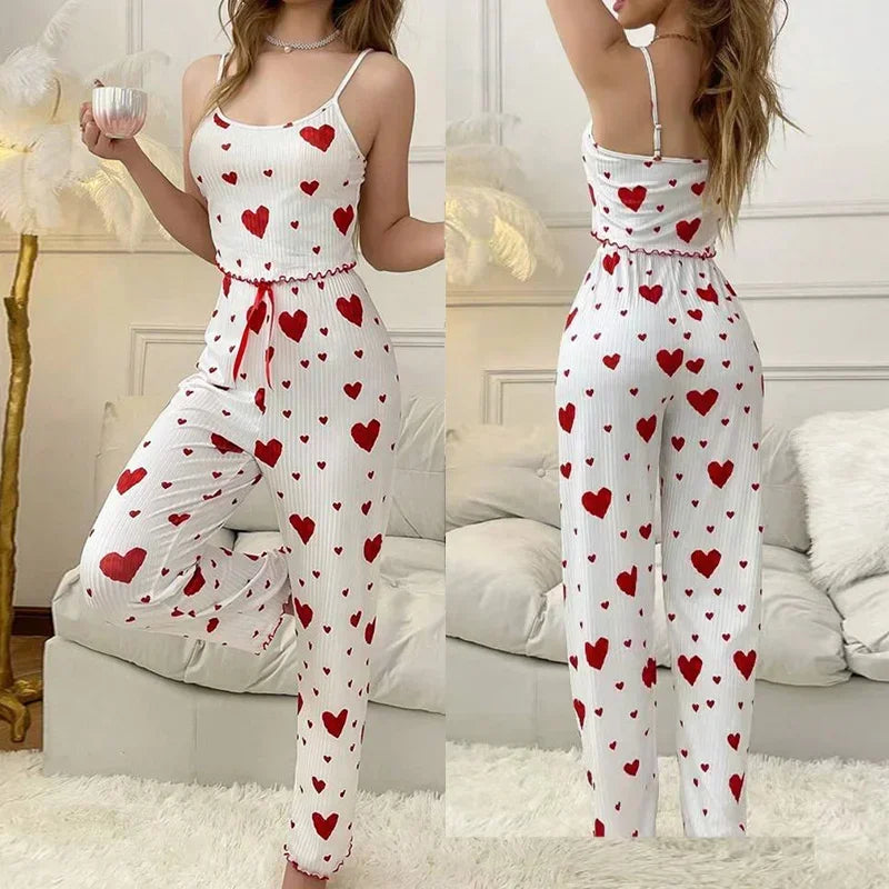 Women's Autumn Winter Sleepwear Pajama Set – Heart Print Sleeveless Cami Top with Long Pants, Comfortable Loungewear Pyjamas