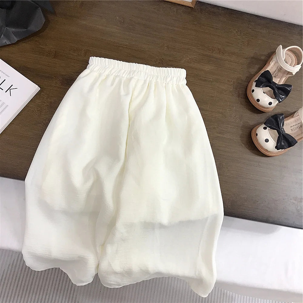New Fashion Children Girls Two Pieces Set Backless T-Shirt Summer White Wide Leg Pants 2025 Solid Simple Blue Pleated