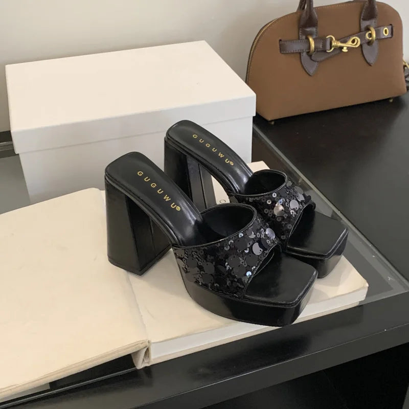 Silver & Pink Chunky Heel Platform Sandals – Square Toe Slip-On High Heels for Women