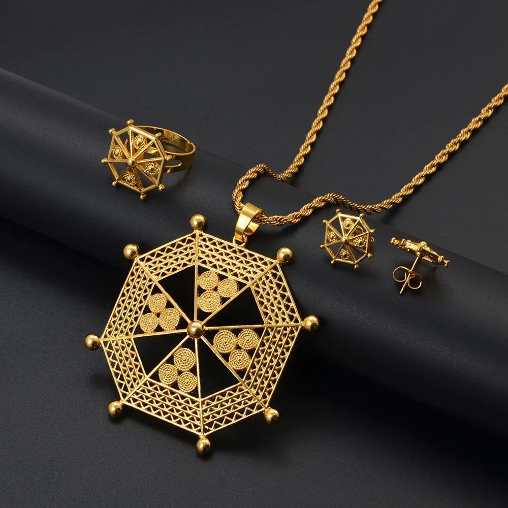 New Ethiopian & Eritrean Jewelry Set – African Ethnic Necklace, Earrings, and Ring for Women & Girls – Wedding or Party Gift