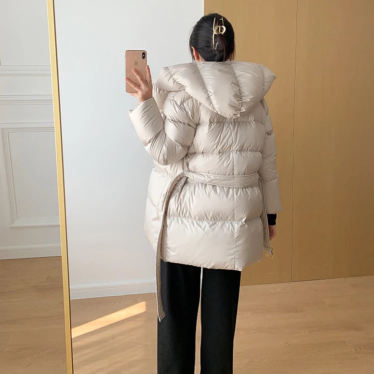 Women's Winter Jackets Ultra Light Warm Puffer Jacket With Belt Plus Size Hooded Female Jacket