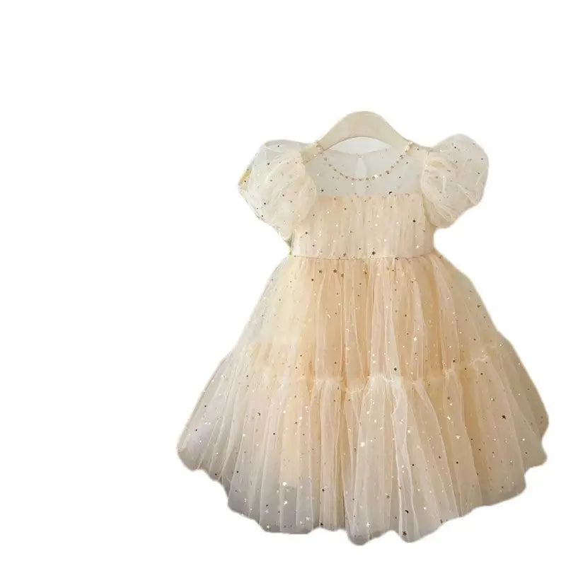 Elegant  Girls Summer Dresses Baby Bubble Sleeve Mesh Sequin Dress Temperament Princess Party Short Sleeve clothes