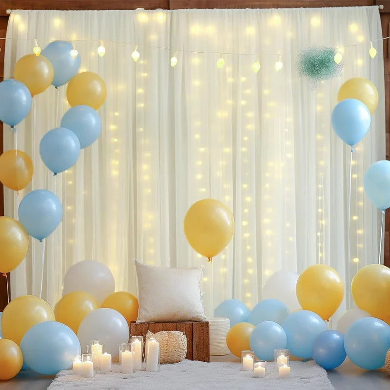 1 Set/2 Pieces Tulle Backdrop Curtains with Lights for Party Wedding Arch Baby Shower Birthday Party Photo Shoot Decorations