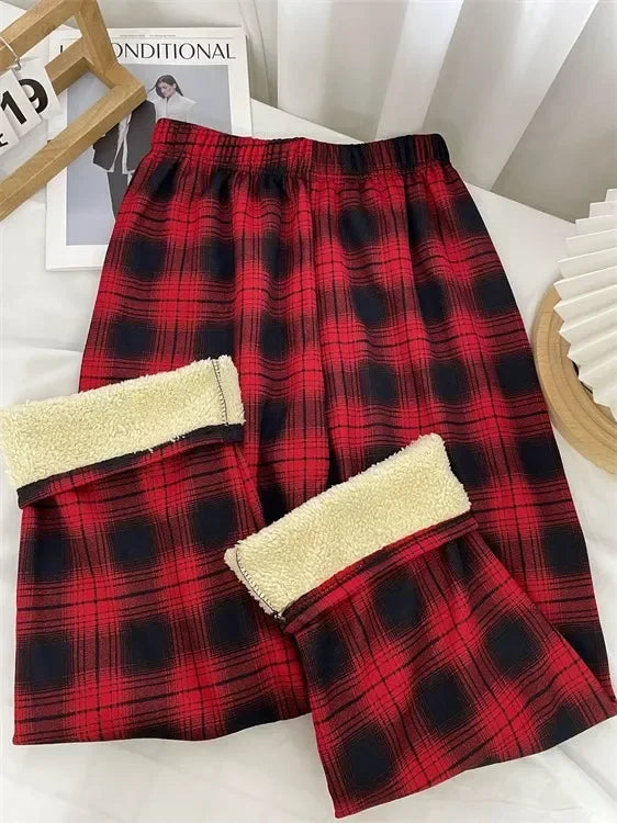 Fashion Warm Plush Pants Cashmere Thick Plaid Ladies Winter Casual Loose Wide-legged Pants Streetwear