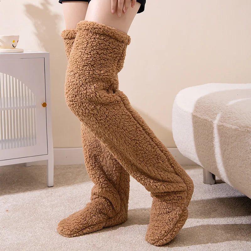 Over Knee Long Winter Socks Thigh High Double-sided Fleece Stockings Socks Solid Color Plush Leg Home Office Warmers