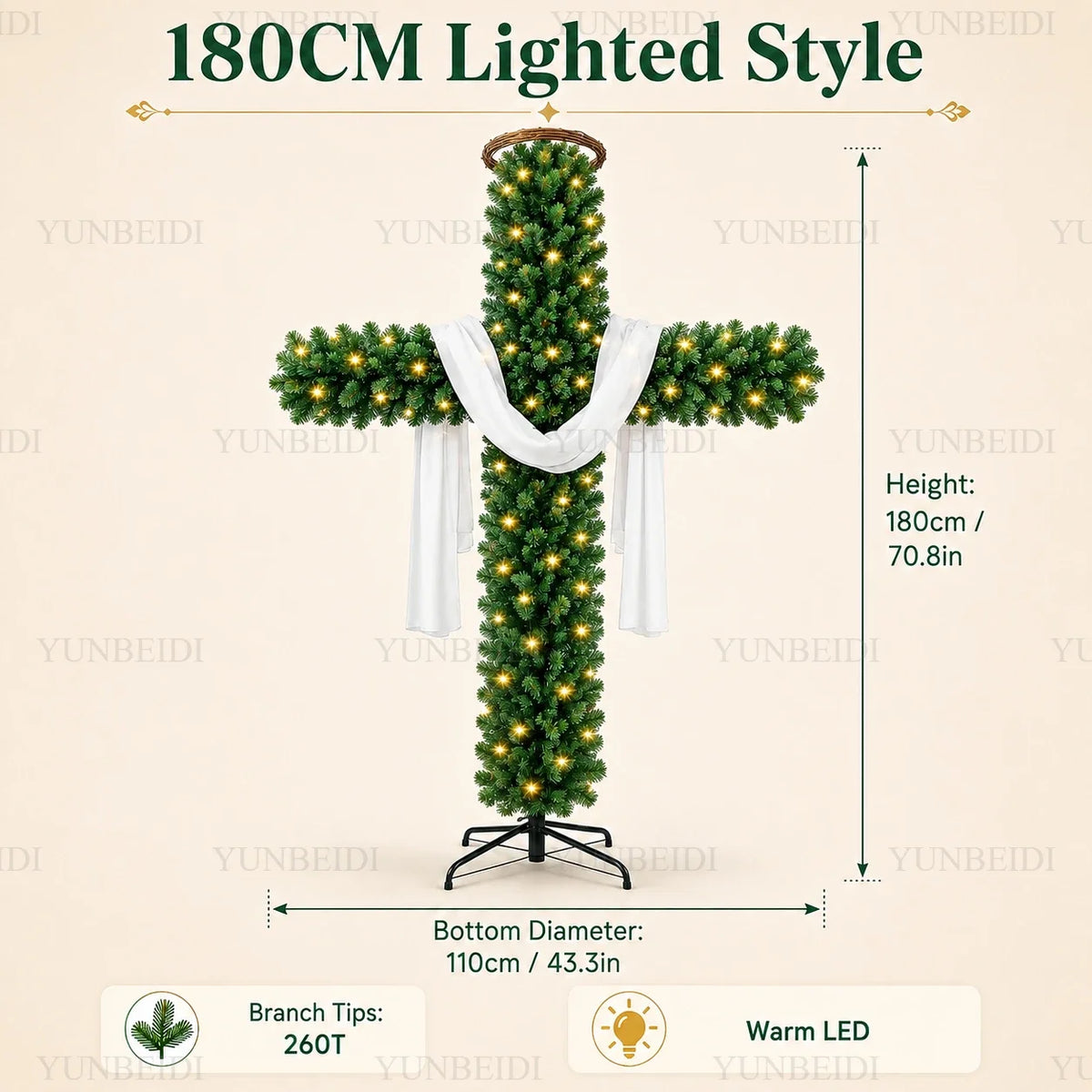 Cross-Shaped Artificial Christmas Tree with Metal Stand, 150 or 180 cm Green PVC Religious Holiday Decoration with Optional USB Lights