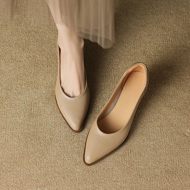 2024 New Women shoes Shallow Genuine Leather Made, Heels, Pointed Toe Summer Shoes
